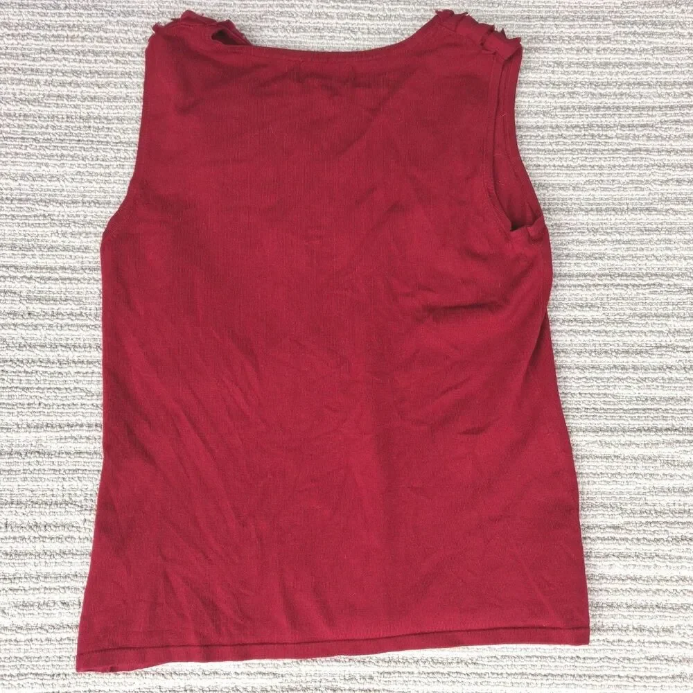 DRESSBARN COLLECTION RED SLEEVELESS ROSETTE RUFFLE SHELL TOP TANK BLOUSE L - Picture 2 of 9
